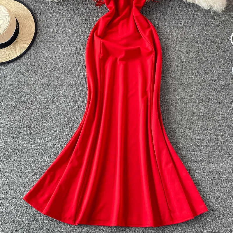 Sexy lantejoulas tassel tassel malha retalhos festa vestido longo vestido mulheres Vermelho / azul / verde elegante elegante manga curta mereca vestidos 2021 y0603