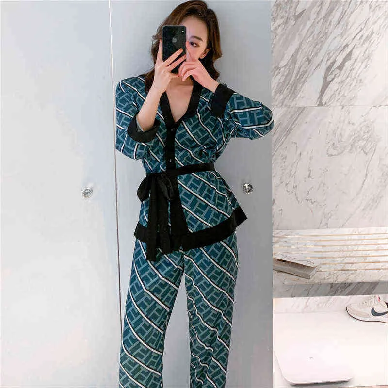 Spring and Autumn Fashion Ice Silk Home Clothes Long Sleeve Trousers Pajamas Two-piece Suit Pyjamaswomen Sleepwear Set 211112