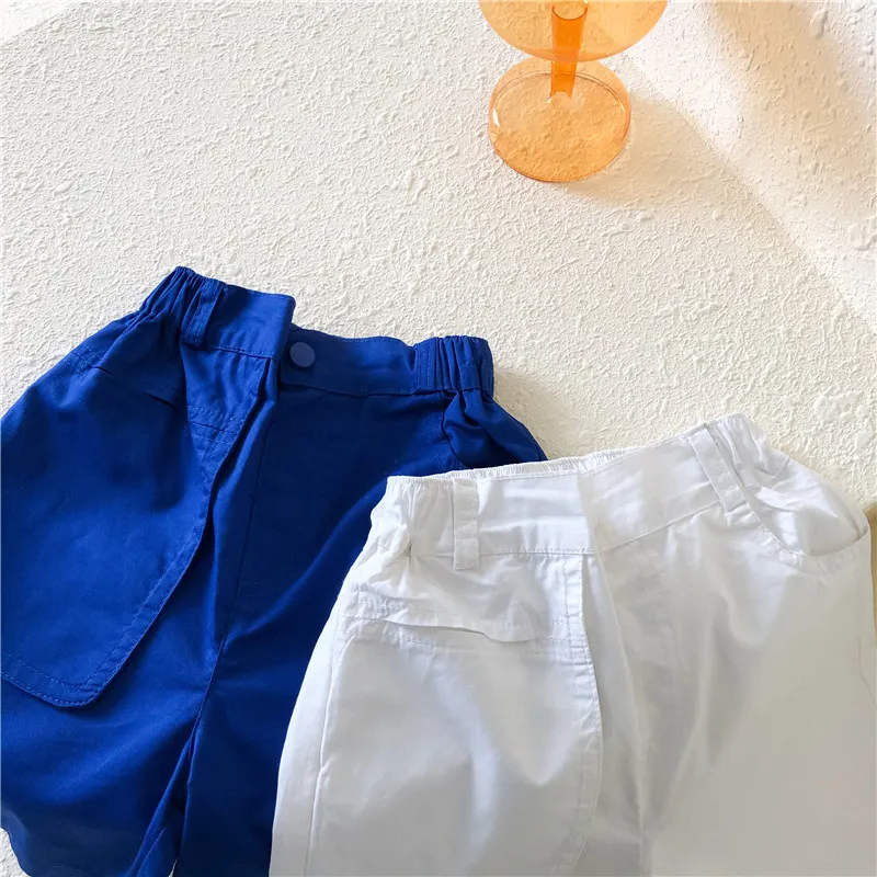 Summer big pocket solid color thin casual knee length pants 2-7 years unisex loose cotton shorts 210508