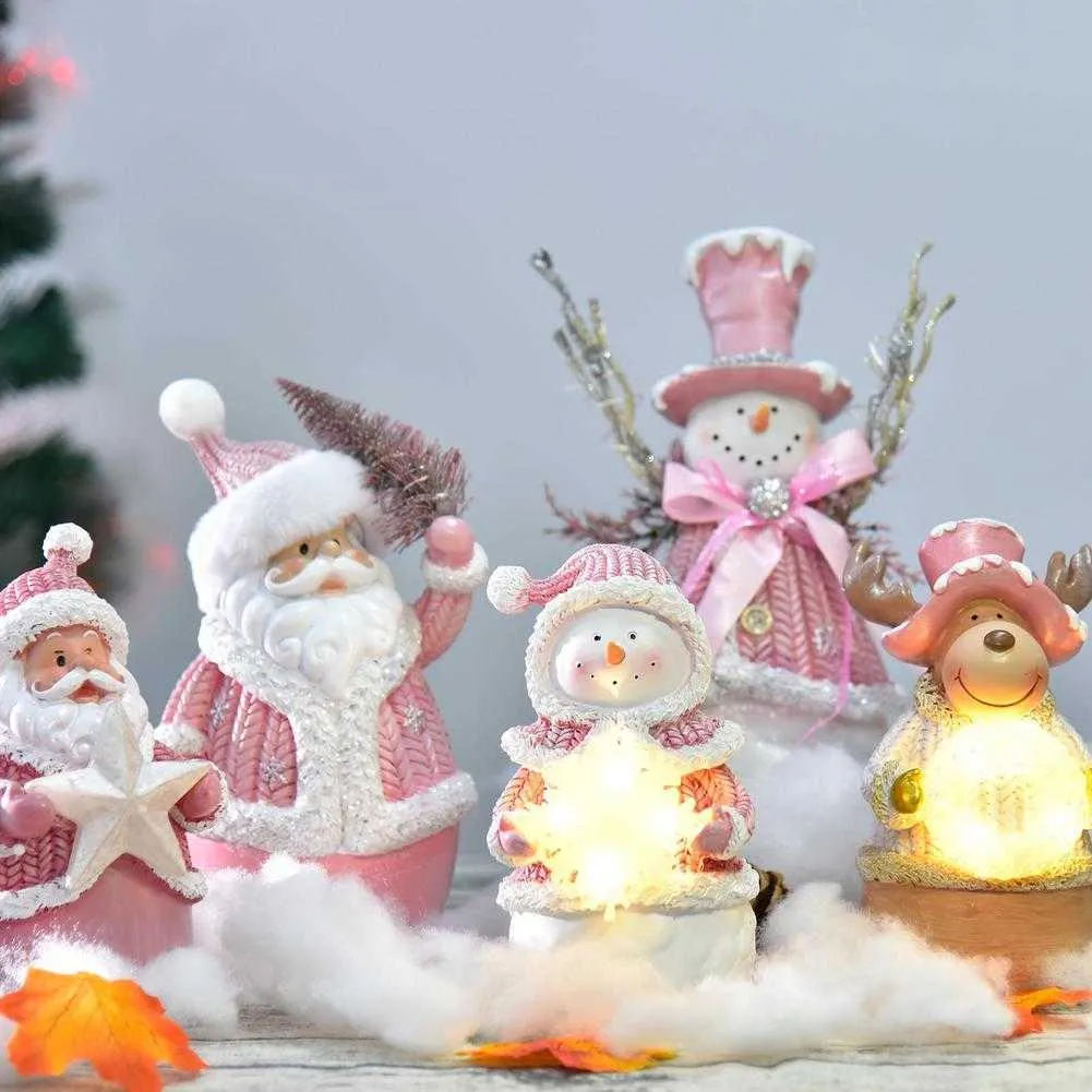 Różowy Boże Narodzenie Snowman Santa Claus Figurka z LED Wakacje Światła Xmas Dekoracja 2022 Nowy Rok Wystrój Domowy Room Ornament H1020