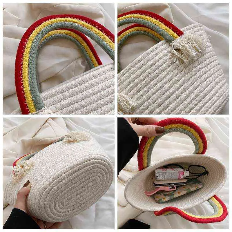 Einkaufstaschen Regenbogen Sommer Strand Stroh Tasche Frauen 2022 Trend Mode Gewebte Geldbörsen und Handtaschen Eimer Wicker Tote Designer Luxus marke 220310