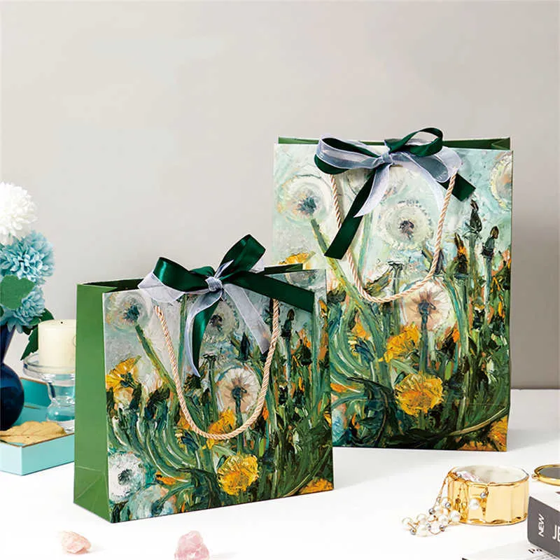 StoBag / Protable Cadeau Boîte De Papier De Mariage Anniversaire Baby Shower Décoration Peinture À L'huile Fleur Style Avec Ruban Spécialement 210602
