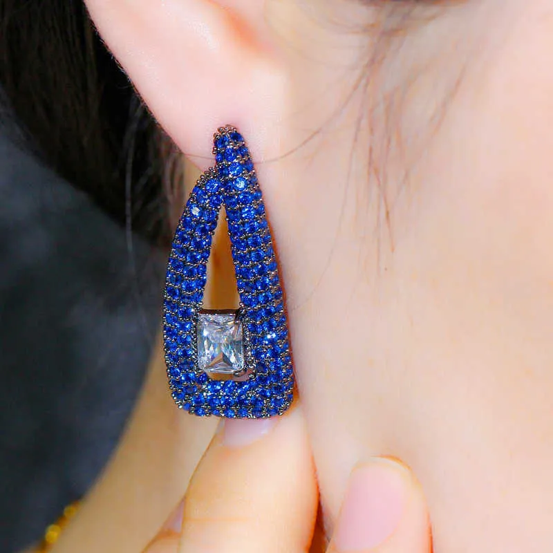 Shiny Micro Pave Dark Blue Cubic Zirconia Symmetrical Long Big Drop Party Earring for Women Jewelry Accessories CZ755 210714