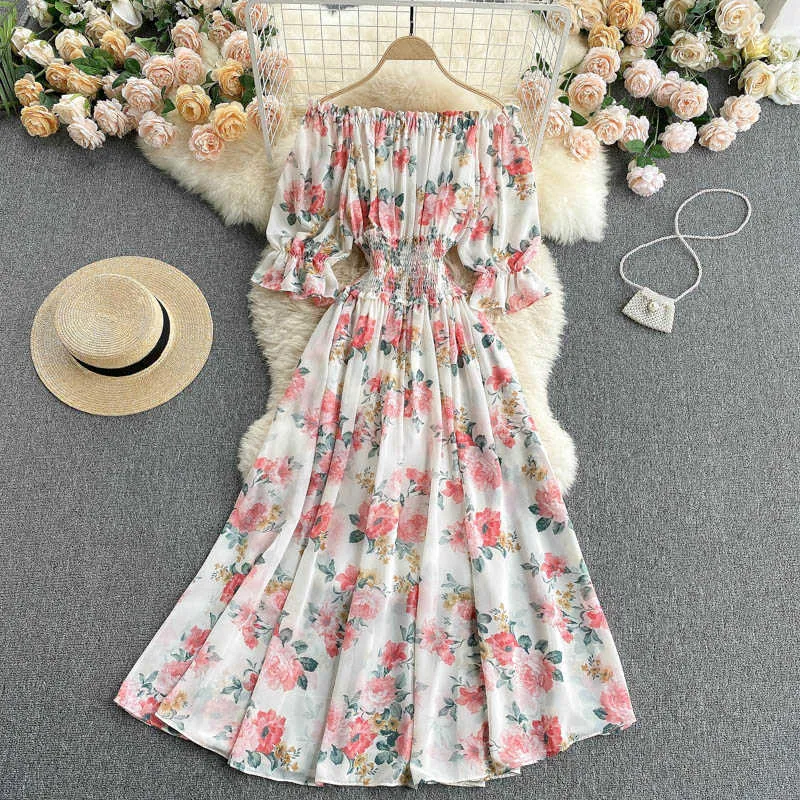 Bohemian Floral Print Frauen Chiffon Kleid Sexy Slash Neck Kurze Flare Hülse A-Line Off Schulter Schlank Vestidos Weibliche 2021 Neue y0603