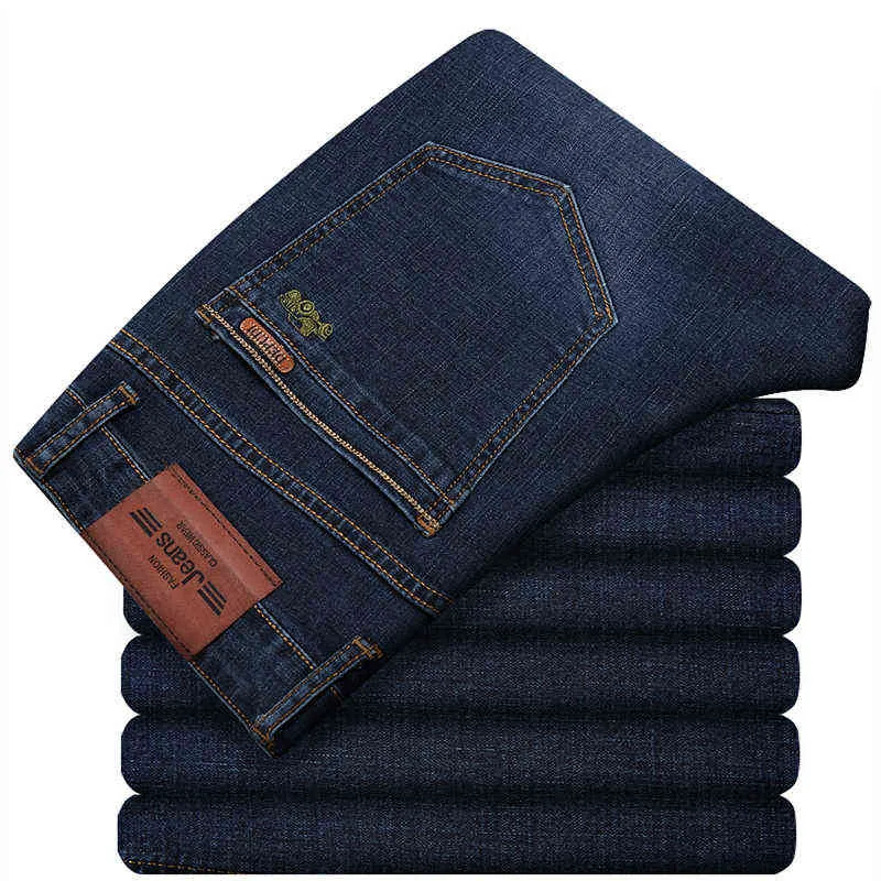 Sonbahar kış erkek streç artı boyutu kot iş rahat gevşek elastikiyet denim pantolon erkek high-end marka ince pantolon 211111