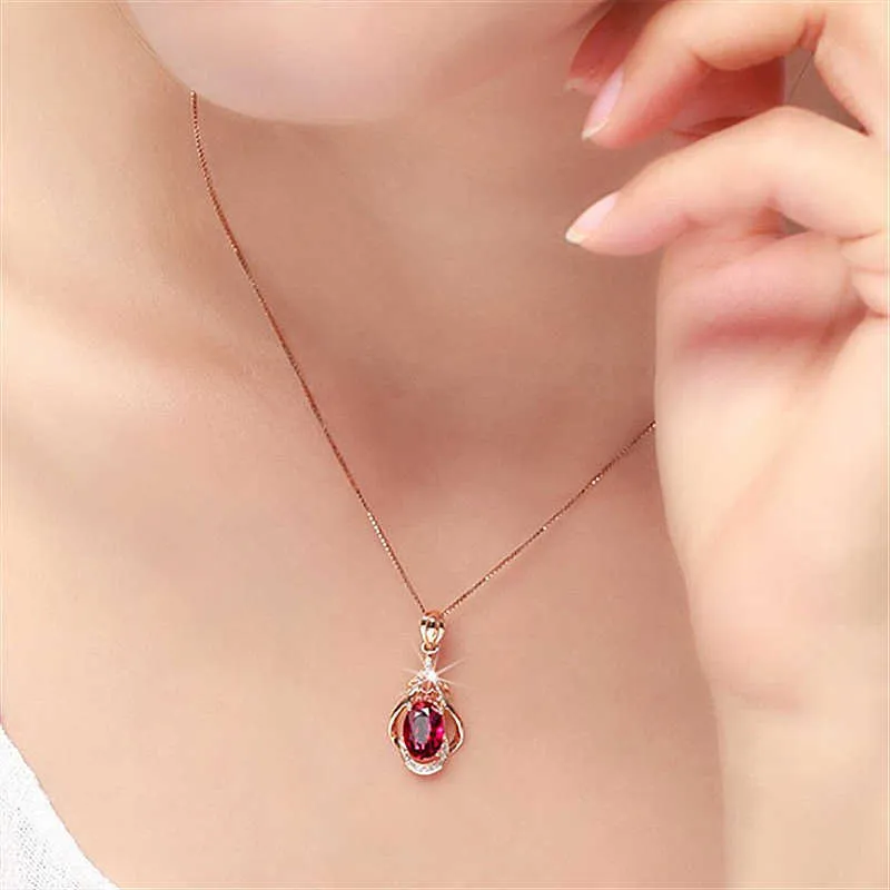 Collane da donna in cristallo Ciondolo rosso da donna placcato 18 carati intarsiato goccia rossa oro argento