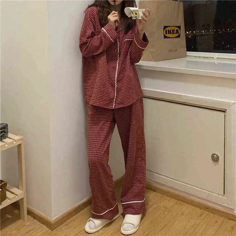 Japon Pijama Kadınlar Uzun Kollu Sonbahar Kış Pijama Seti Kırmızı Ekose Pijama Kız Ev Giysileri Kadın Homewear 211112