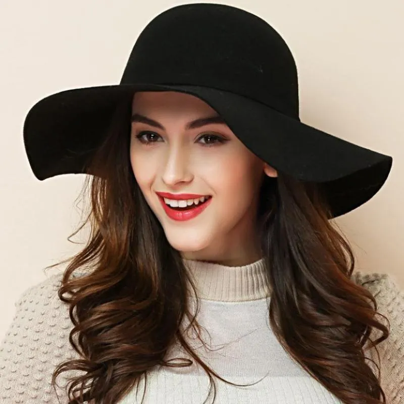 Sombreros de ala tacaña Otoño Invierno Bowler para mujer Moda Lady Wide Lana Fieltro Fedora Hat Floppy Cloche Black267k