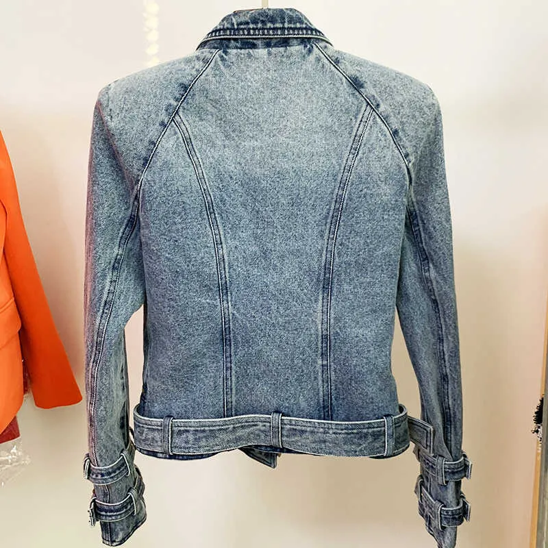 HIGH STREET est Designer Fashion Damen Jeans-Motorrad-Bikerjacke mit Löwenknöpfen 211014