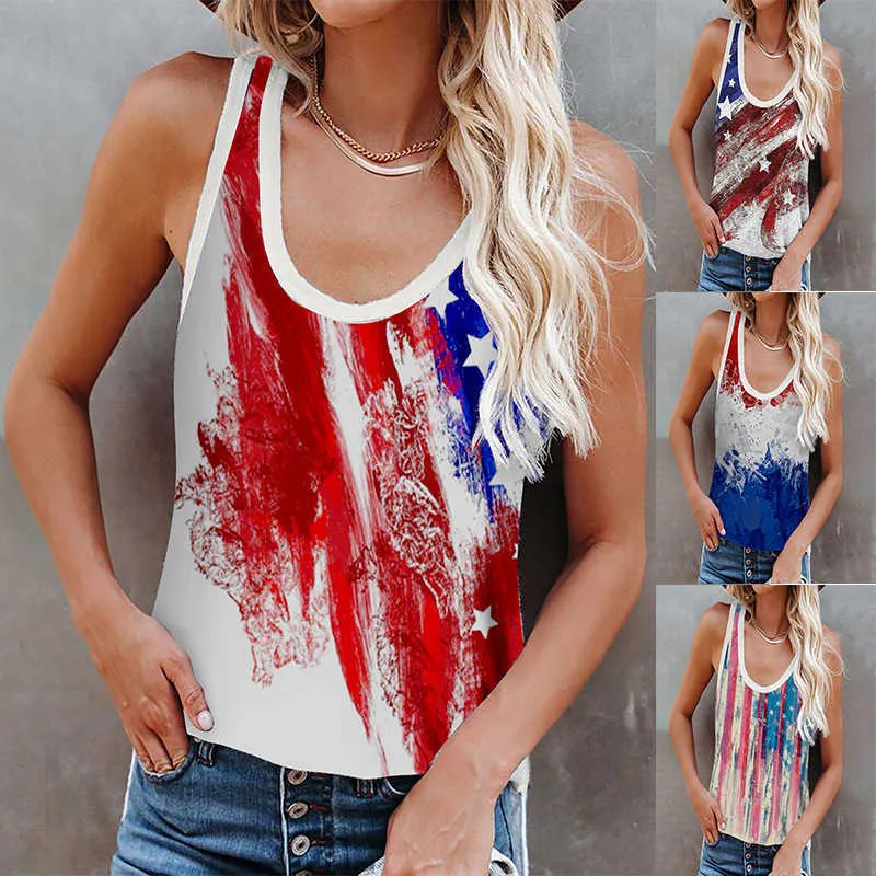 American Flag Clothing Summer Star Print Sexy V-neck Sleeveless Tshirt Loose Casual Pullover Workout Tank Top for Women Big Size 210604