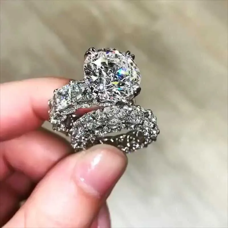 Marca de luxo jóias 925 prata esterlina casal anéis grande topázio branco cz diamante pedras preciosas feminino casamento anel de noiva set231a