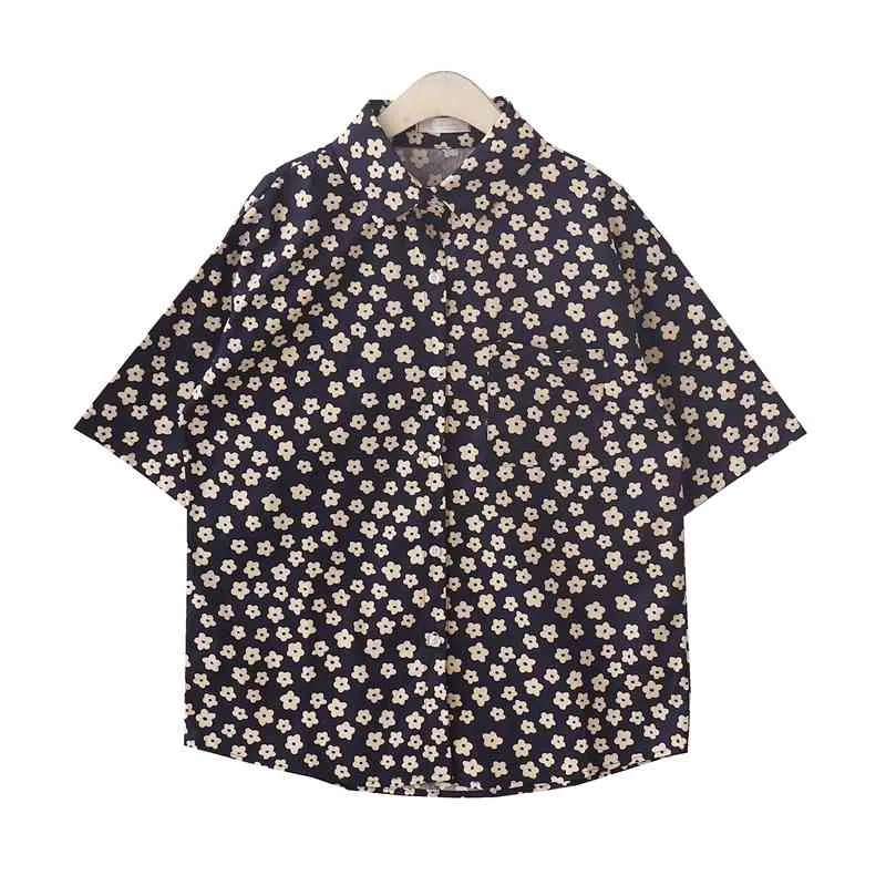 Kimutomo Vintage Chic Blouse Femmes Floral Print Turn-Down Collier à manches courtes coréen BF Wind Shirt Summer Casual Mode 210521