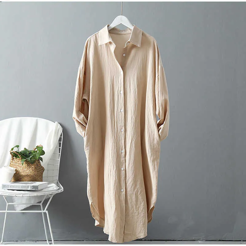 Woman Long Shirt Dress Cotton Korean Fashion Clothing White Plus Size Big Shirt Dresses Spring Long Sleeve Loose Dress 210709