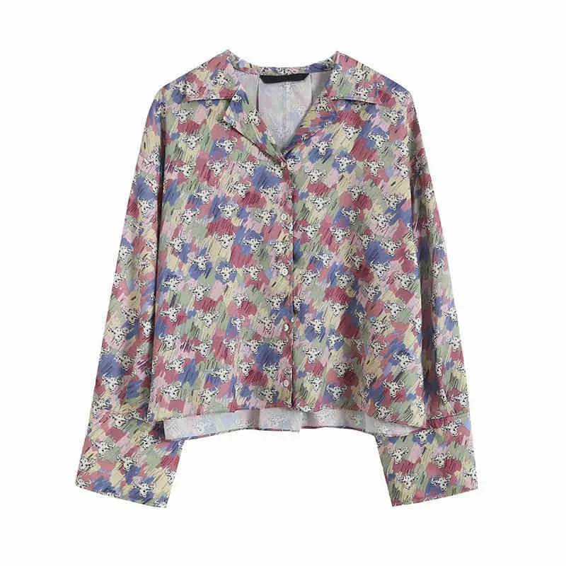 Women Summer Vintage Loose Blouses Shirts Tops ZA Long Sleeve Notched Collar Print Female Fashion Street Top Blusas 210513