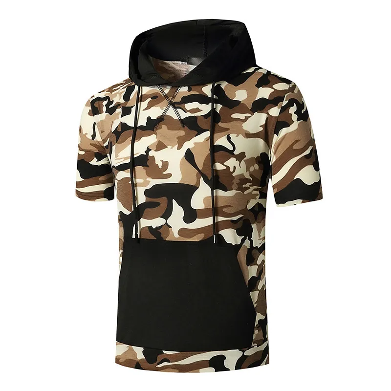 Camouflage T Shirt Men Workout Casual Muscle Gym Patchwork T Shirts Mens Hooded Oversized Hip Hop Tee Shirt Summer Hipster Tops 210524