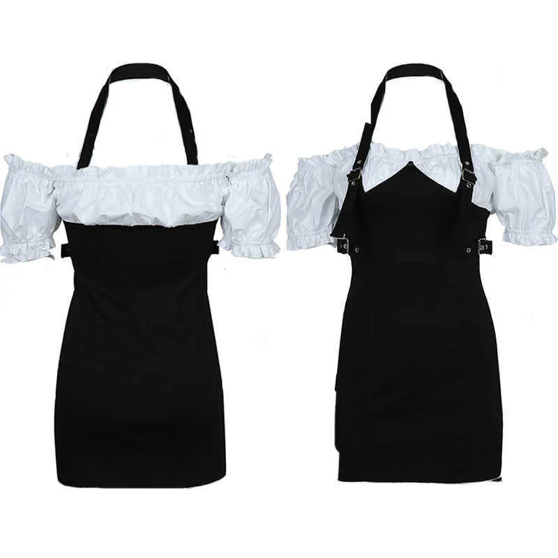 Sommar axelband Strapless Ruffles Kortärmad Fake Två Pieces Design Sexig Kvinnor Fold Girl Kvinna Klänning Klänningar E205 210603