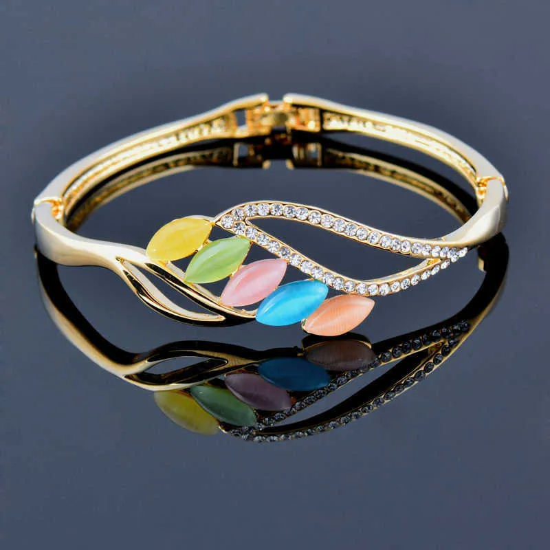 Sinleery Charm Opal Stone Leaf Bracelets Rose Yellow Gold Silver Color Inlay Tiny Crystal Bangle for Women Jewelry Sl203 Ssi Q0719