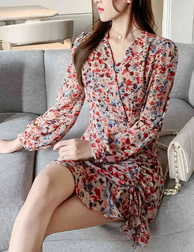 Floral Printed Women Chiffon Dresses Spring Long Sleeve V-Neck Lace Up Pleated Ruffle Sexy Short Mini Dress Mujer Vestidos 210514