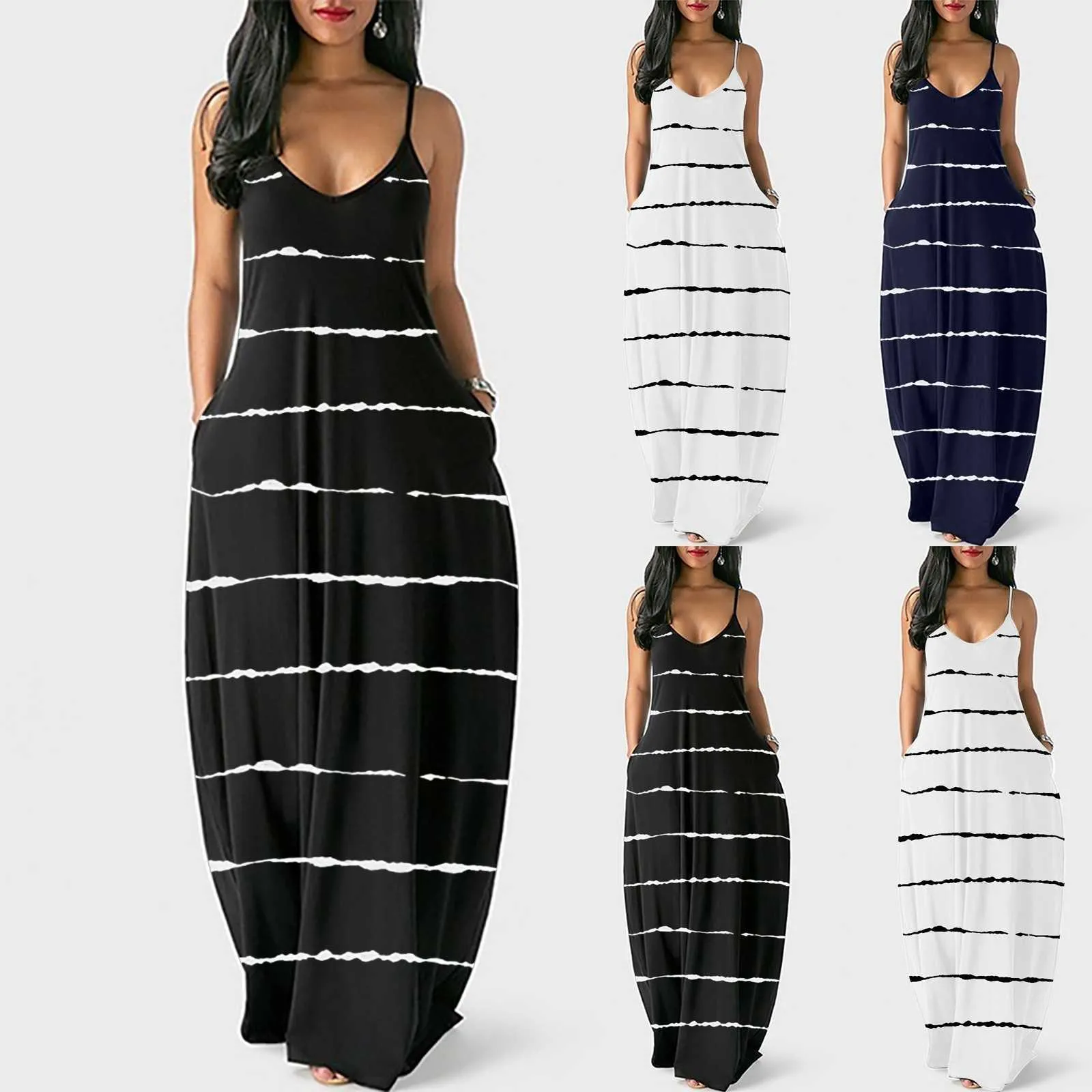 Vintage vrouwen streep print maxi jurk zomer v-hals mouwloze slinger jurken meisjes lange strand jurken casual sundress vestidos y0924