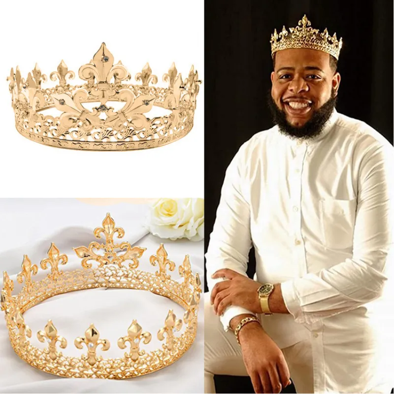 Barock vintage Royal King Crown för män Hela runda sliver Big Gold Tiaras och Crowns Prom Party Costume Hårtillbehör 2202173253357