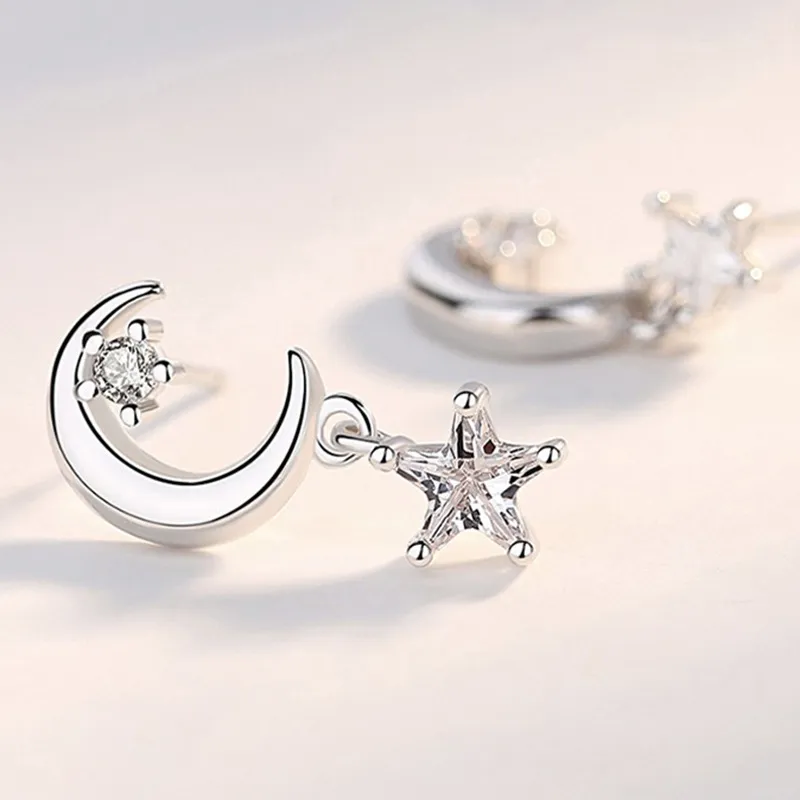 New Style 925 Silver Plated Stars and Moon Stud Earrings White CZ Stone Drop Earrings For Women Girls Anniversary Party Jewelry7088213