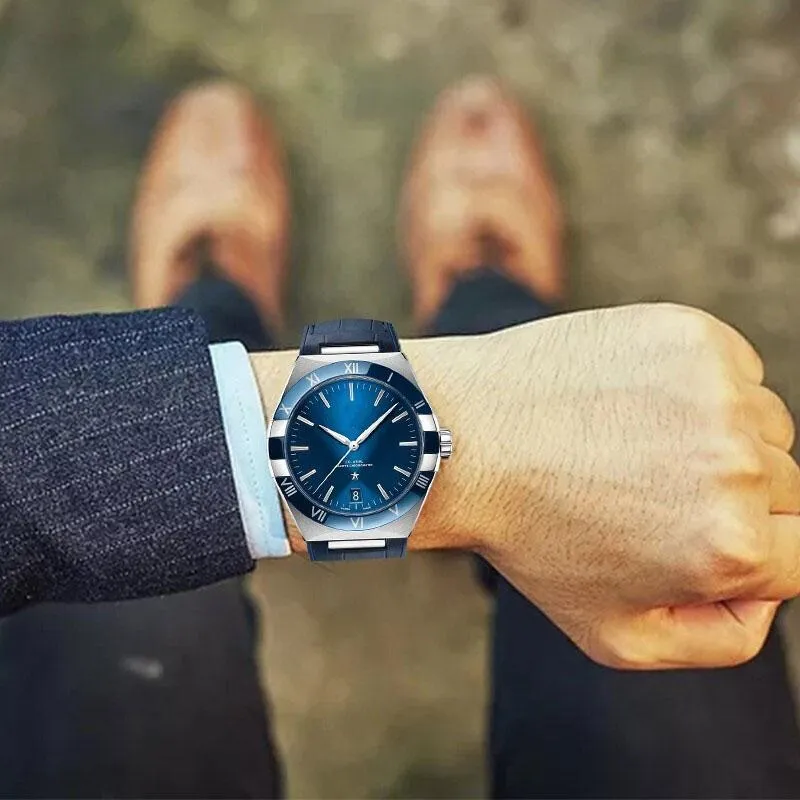 Armbandsur lyxigt design herr automatiska klockor safir blå gummiband man mekanisk handledsklocka topp varumärke man klocka 228r