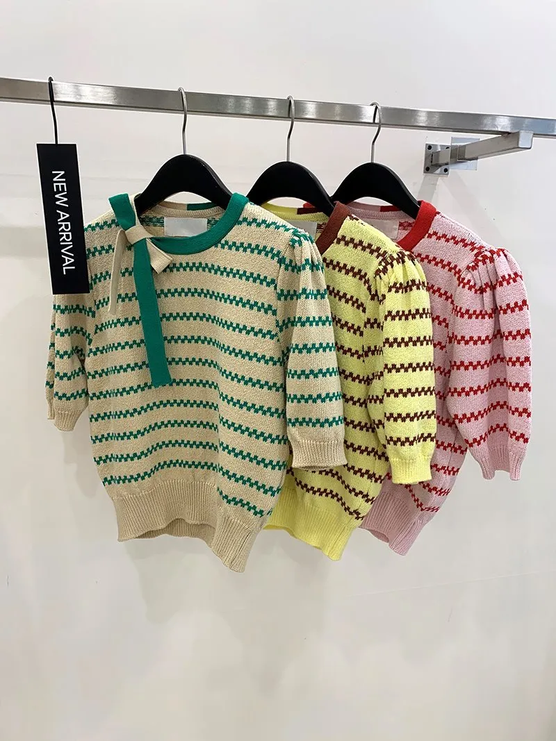 Sommar randig bowtie stickade pullover stickade kvinnor Kortärmad o-nacke tunika tröja koreanska vintage eleganta jumpers toppar 210513