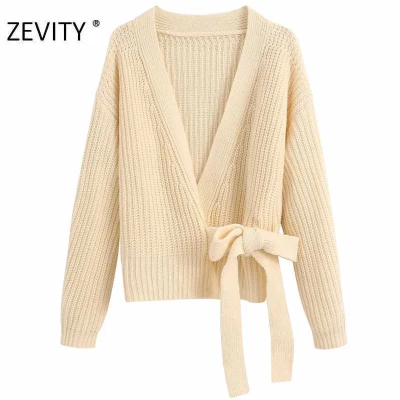 Zevity mujeres moda cruz v cuello color sólido casual tejido cardigan abrigo femenino arco atado kimono abrigos chic tops CT581 210603