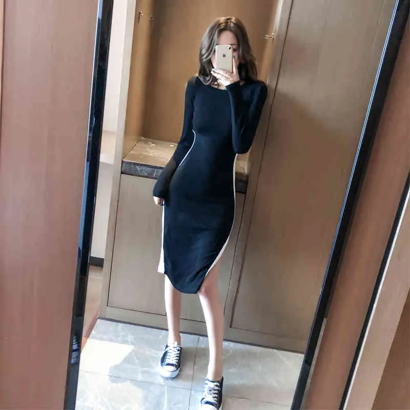 automne mode tempérament taille haute fente latérale sexy hanche robe Office Lady Gaine Genou-Longueur 210416