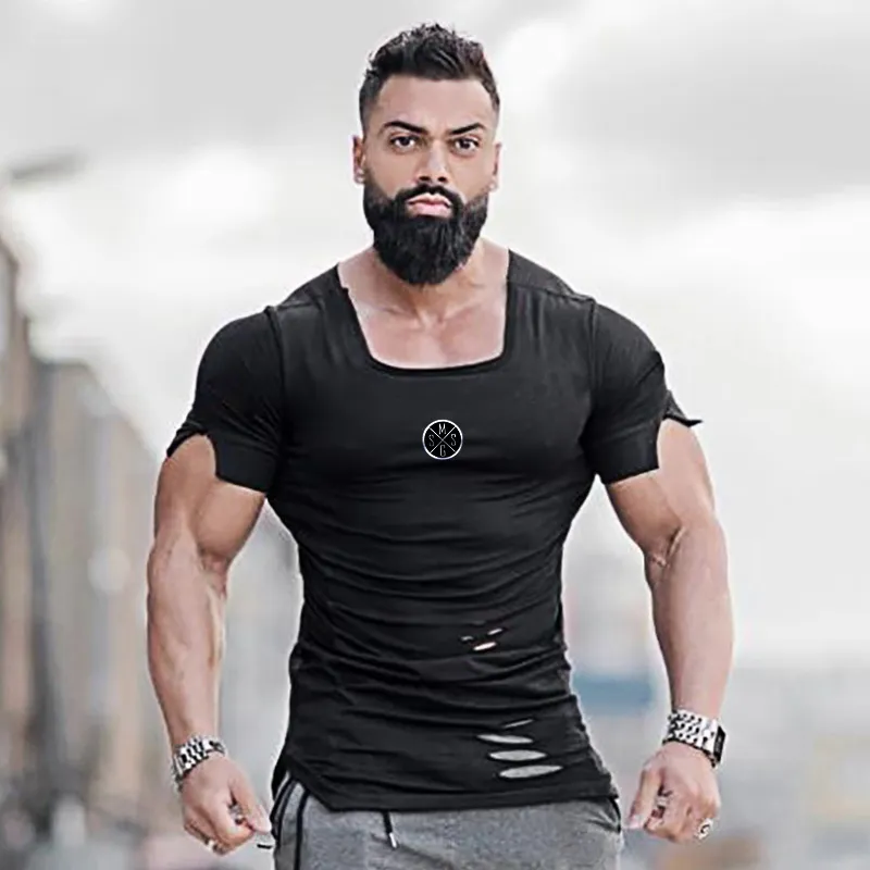 Nouveaux vêtements d'été mode déchiré trou t-shirt hommes coton respirant hommes serré à manches courtes Fitness t-shirt gymnases t-shirts 210421