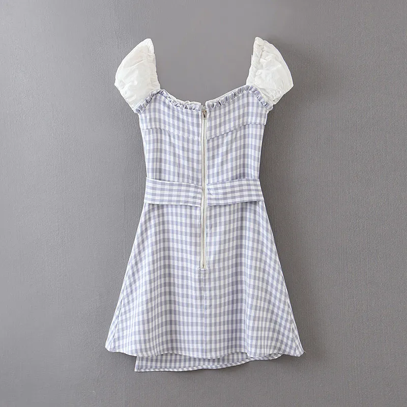 beauty Fashion Women Summer Clothes Woman Casual Square Collar Plaid Stitching Fungus Irregular Belt Dresses 210514