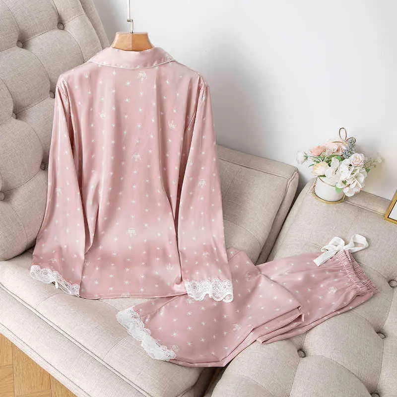 Home Abbigliamento Donna Estate Abito a due pezzi Pigiama Raso di seta di ghiaccio Capispalla sottile Stampa Pigiama di pizzo Sleep Wear Lounge Set 211112