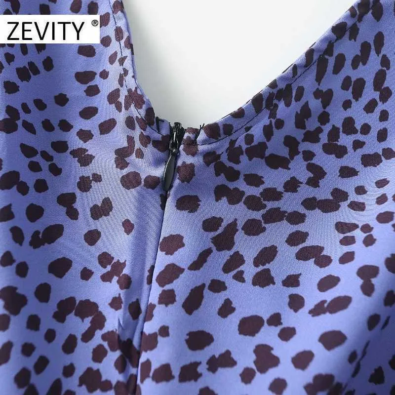 Zevity Women Vintage Vネックヒョウドットプリントプリーツスリムドレスレディースプリーツバックジッパーヴェスティッドカジュアル秋のドレスDS4454 210603