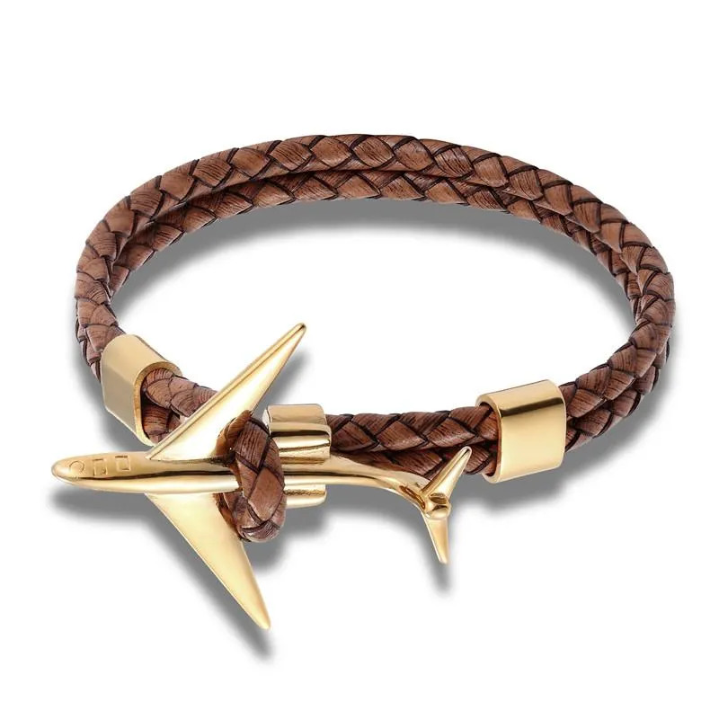 Bracelets d'avion ancre en acier inoxydable doré, Vintage, en cuir véritable, bijoux pour hommes et femmes, Charm218F