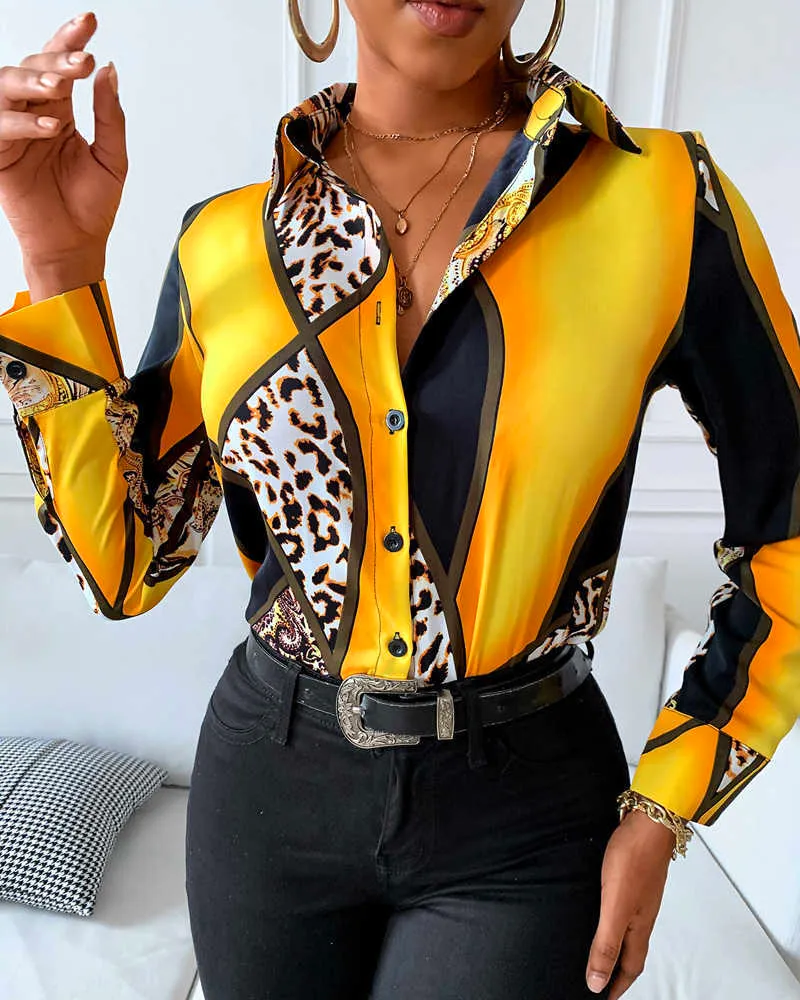 Femmes Élégant Mode FLong Sleeve Top Casual Cheetah Imprimer Colorblock Boutonné Chemise À Manches Longues 210716