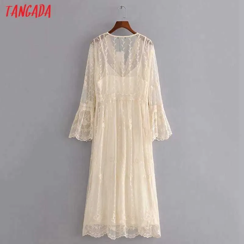 Tangada mode femmes broderie romantique dentelle robe Vintage à manches longues dames col en V robe mi-longue 3H358 210609