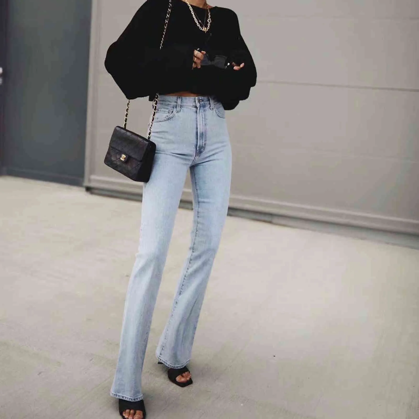 Fall jeans woman high waist pants vintage small flare black denim korean bell bottom blue trousers cute 211129