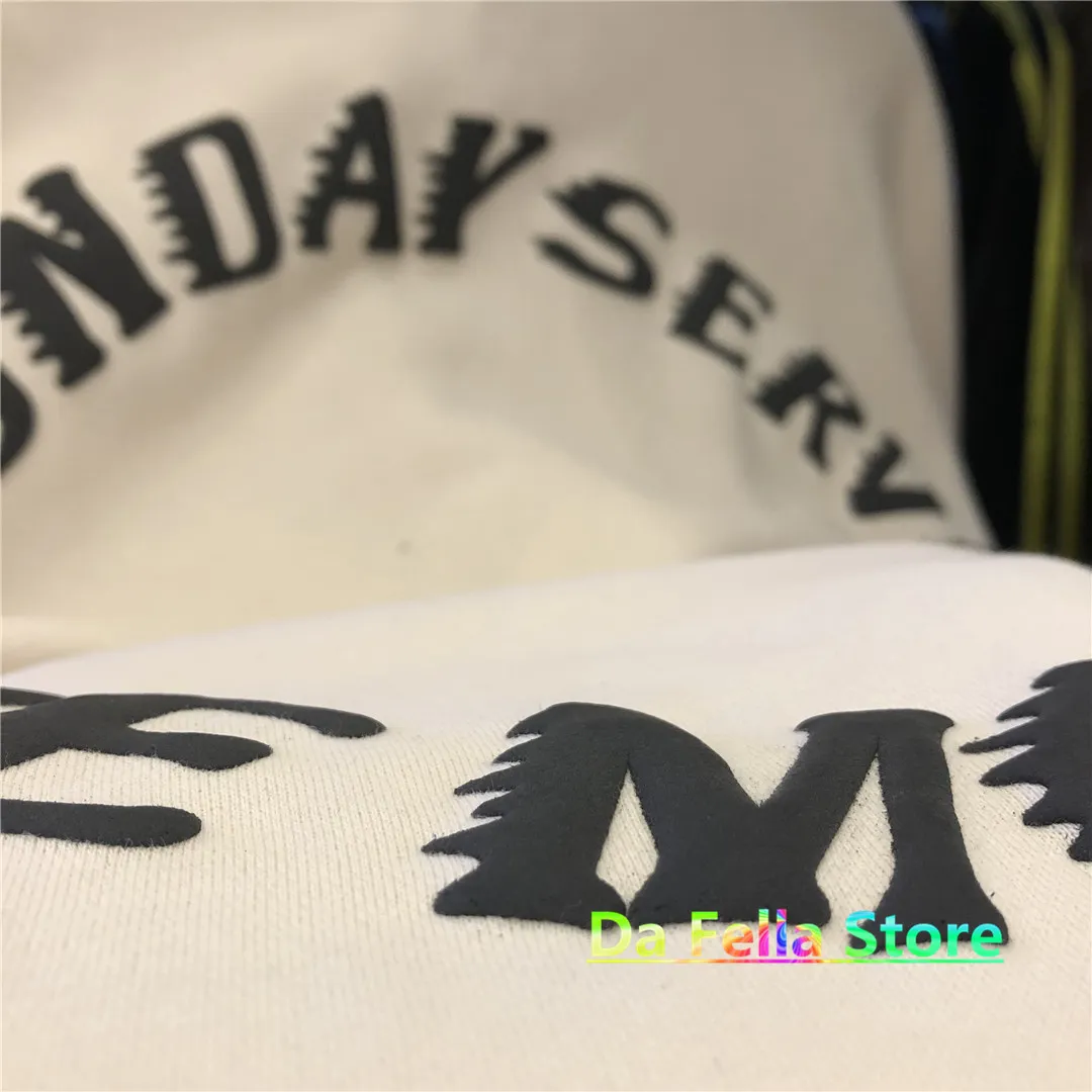 Moletom masculino feminino carta espuma impressão hip hop domingo serviço hoodie dentro tag tamanho logotipo hoodies177l