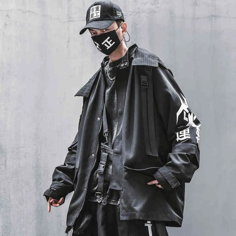 Erkekler Techwear Ceket Siyah Kanji Rüzgarlık Japon Streetwear Moda Kapüşonlu Coat 211217