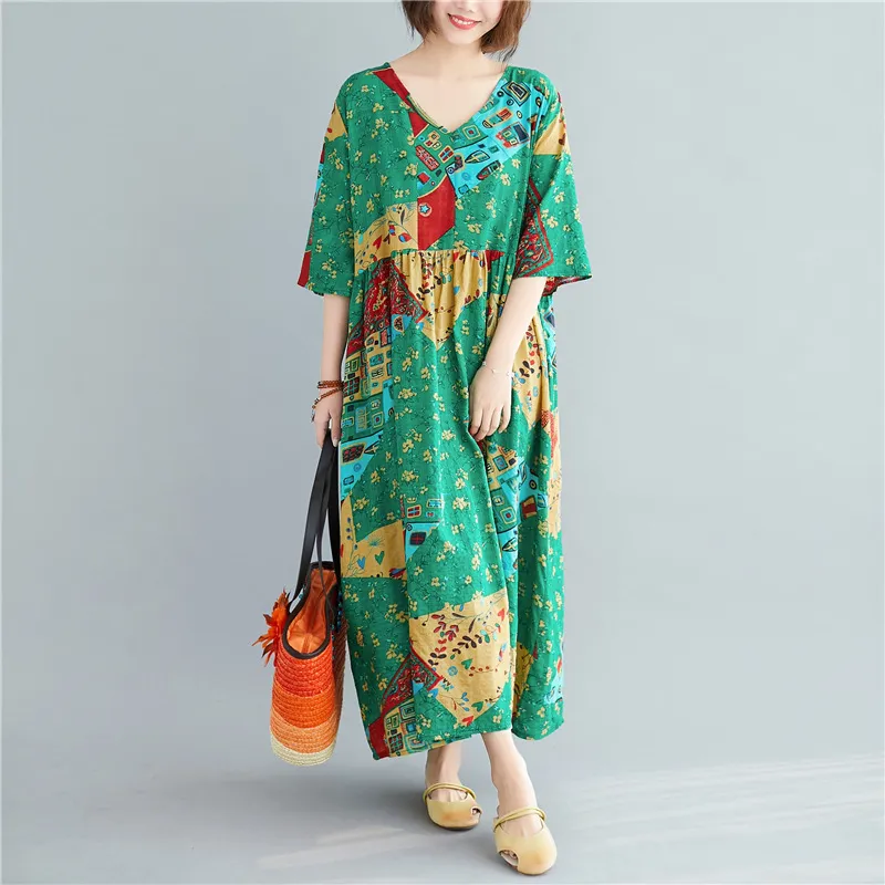 Johnature Women Summer Dresses Flare Sleeve Cotton Linen Robes V-Neck Green Print Floral Plus Size Women Vintage Dress 210521