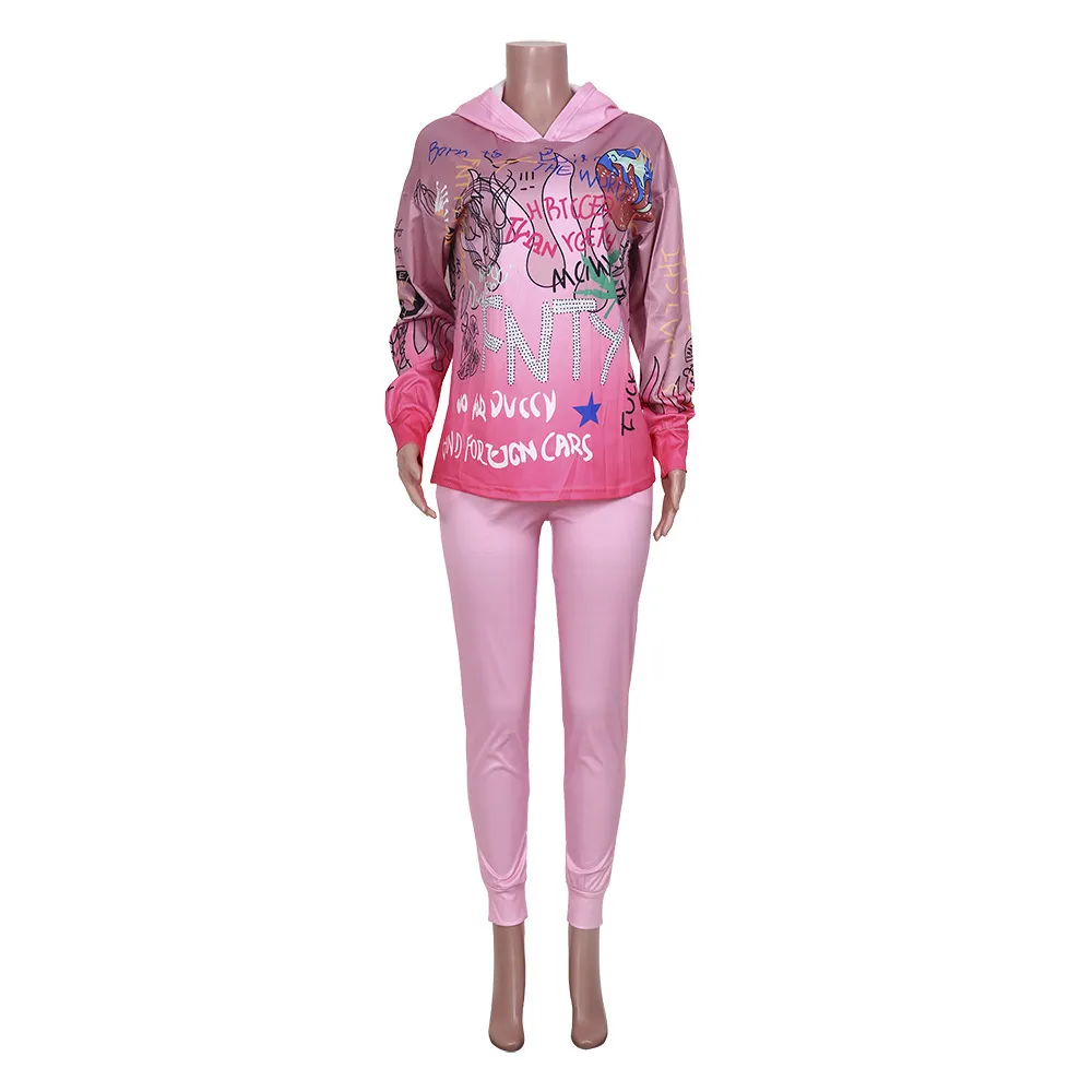 Groothandel Vrouwen Roze Kleding Herfst Winter Gedrukt Hoodies Sweatshirt Top Baggy Broek BF-stijl Cool Girl Streetwear 210525