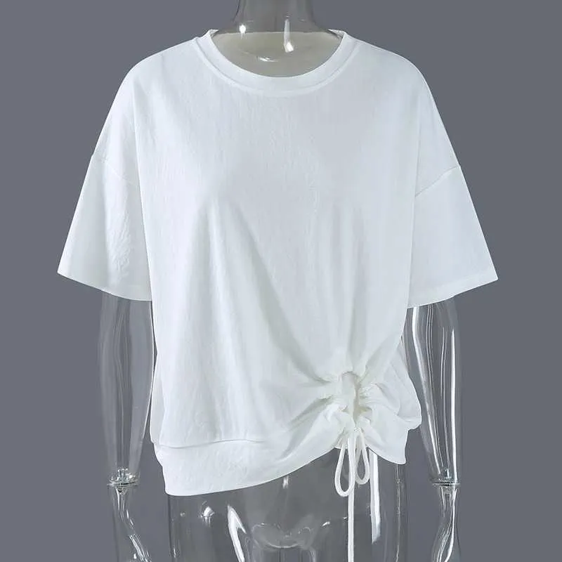 T-shirt da donna allentata casual con scollo a V scava fuori T-shirt estiva manica corta da donna T-shirt design giapponese solido 13A297 210525