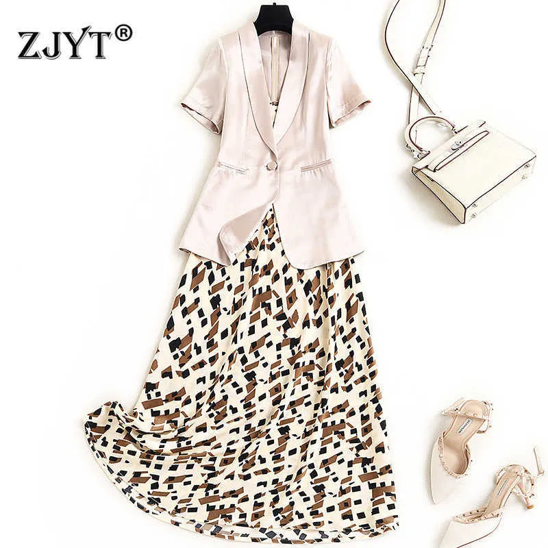Elegancka Biuro Lady Summer Garnitur Kobiety Notched Krótki Rękaw Blazer i Midi Print Pasek Dress Set 210601