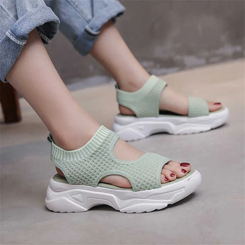 New Summer Women's Chunky Sandals Mesh Thick Bottom White Shoes 5cm Wedges Platform Trend Women Sandals Lovely Girl Beach Shoes Y0721
