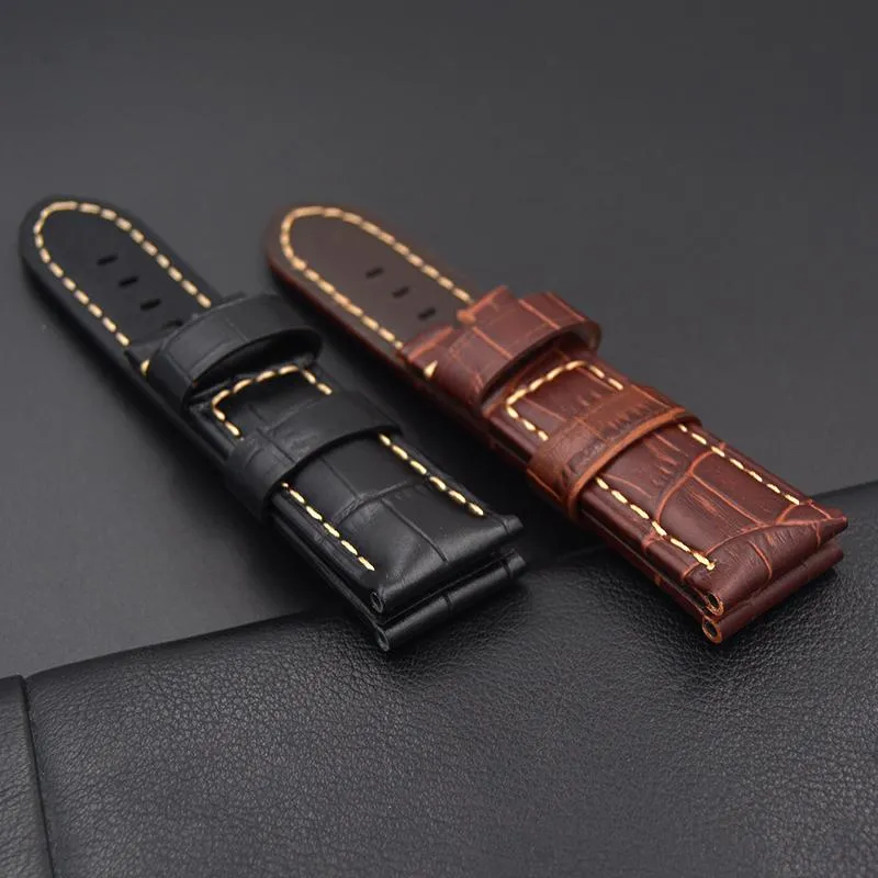 Watch Bands 22mm 24mm Leather Thick Strap Genuine Band For Pam Brown Black Straps Bracelet Wristband2872