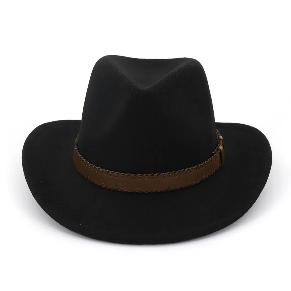 Szeroka wełna poczuła kowbojskie czapki fedora z ciemnobrązową skórzaną zespół Women Men Men Classic Party Formal Cap Hat Whole234Q