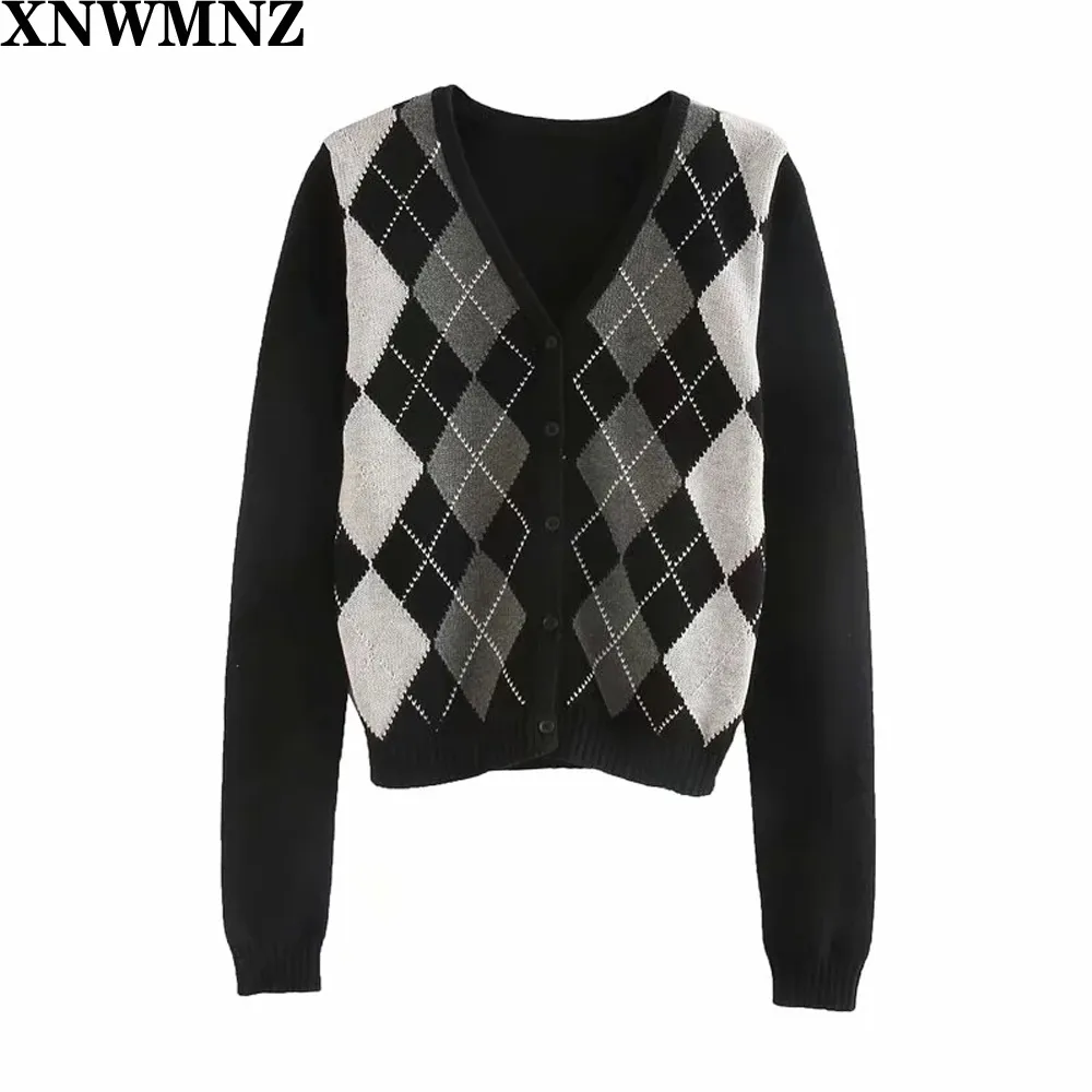 Kvinnor cardigan vintage stilig geometrisk mönster kort stickad tröja mode långärmad England stil ytterkläder Chaqueta 210510