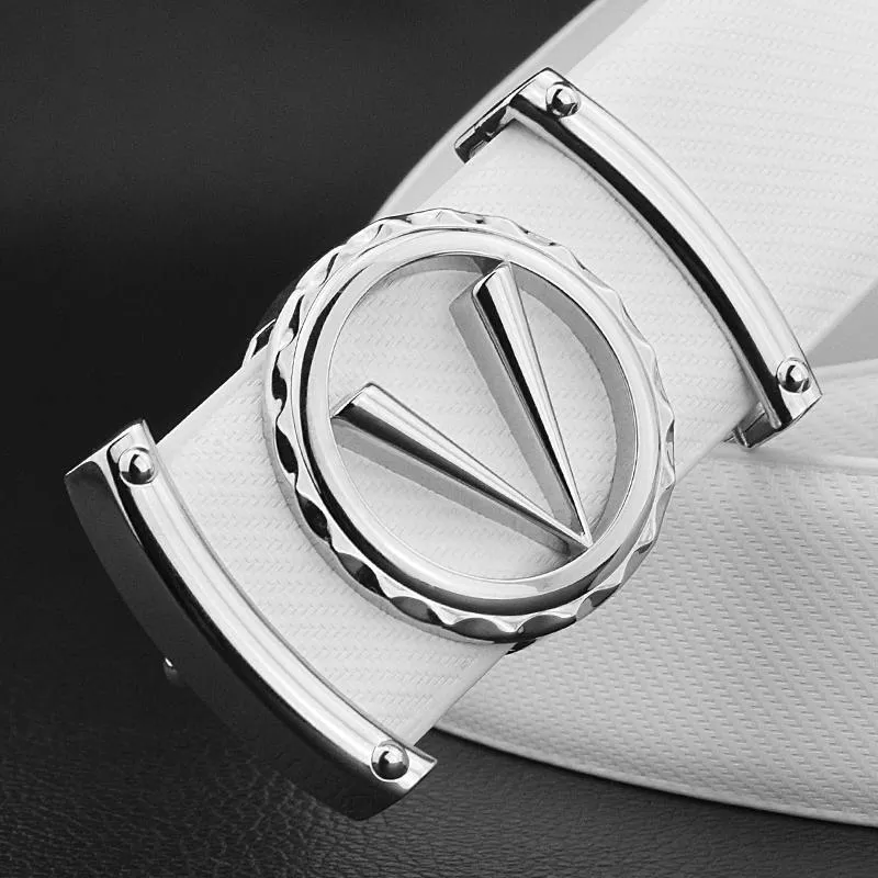 Bälten V Letter Casual Belt For Men White Fashion Designer Boy Leisure cowskin midje rem äkta lädermetallspänne