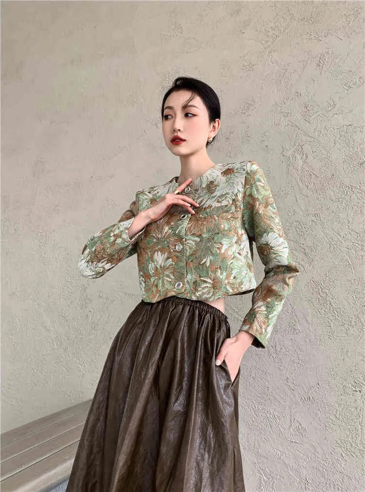 Veste courte en jacquard vintage pour femmes, peinture à l'huile, manteau court, vert, vêtements d'extérieur d'automne, vêtements de mode coréenne 210427