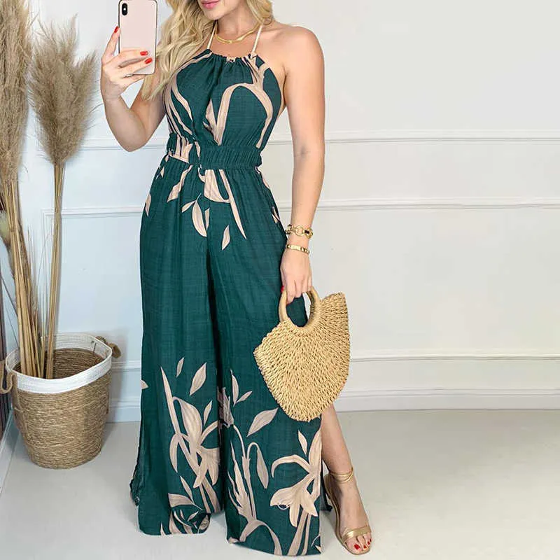 Kvinnor Mode Elegant Ärmlös Partywear Jumpsuits Overaller Formell Party Romper Print Halter Slit Wide-Legs Party Jumpsuit 210716